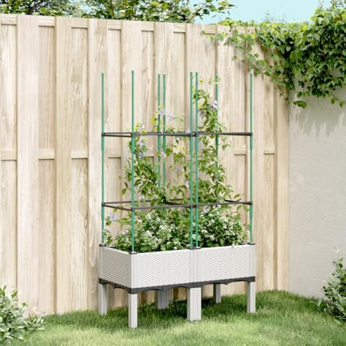 Homgoday Pflanzkübel mit Rankgitter, Pflanzkasten mit Spalier, Blumenkübel mit Gartenspalier, Blumenkasten mit Rankhilfe Rankkasten für Kletterpflanzen Weiß 80x40x142,5 cm PP