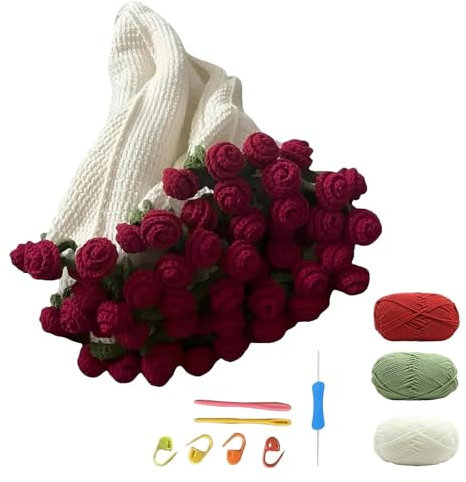 70 * 70cm Crochet Flower Bouquet Blanket Kit, Rose Blanket DIY Set with Nine Yarn Skeins, Hook Needle & Pins, Bouquet Blanket Craft Project for Home Decor, Flower Bouquet Blanket