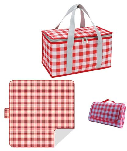 Cestas de pícnic aisladas de 35 x 20 x 20 cm, bolsa de picnic de gran capacidad, con manta de pícnic, portátil, impermeable, bolsas de playa para actividades al aire libre calientes o frías, color