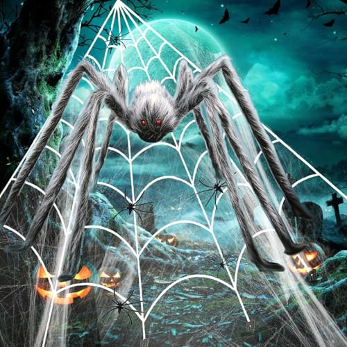 Halloween Riesiges Spinnen, 1.5m Riesenspinne mit 5m Dreieckiges Riesen Spinnennetz,50 Kleine Spinne + 40g Spinnenweben Deko Groß Spinngewebe für Garten Party Dekoration