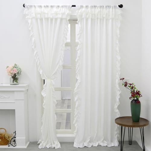 Ricemru Weiße Gardinen Rüschen Halbtransparent Vintage Chic Vorhäng Tunnelzug Einfarbig Fenstervorhang Schal Gardinenschals,2er-Pack 100x200
