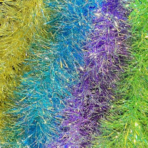10M/32.8Ft Iridescent Christmas Tinsel Garland, Colorful Metallic Twisted Hanging Garland Glitter Christmas Tree Tinsel Rainbow Tinsel for Xmas Holiday Birthday Party Decoration (Iridescent Set)