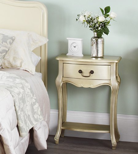 Statement Furniture Juliette Bedside Table | French Style 1 Drawer Nightstand with Hand-Carved Detail | Fully Assembled Gold Bedside Table Nightstand (Gold-Metal-Handles)