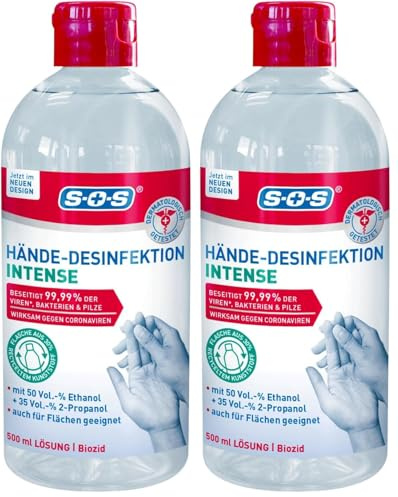 SOS Hände-Desinfektion Intense (1x 500ml) - beseitigt 99,99% Bakterien, Pilze & Viren - desinfiziert Gegenstände, Flächen & Hände - frei von Parfüm - für Allergiker geeignet (Packung mit 2)