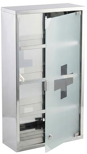 Floordirekt Medizinschrank Silber 60x30cm - 4 Fächer – Abschließbarer Arzneischrank mit Milchglastür, Edelstahl oder Metall weiß, Medikamentenschrank für Bad, Küche & Praxis, Allen