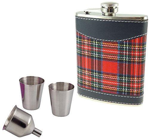 Hip Flask Gift Set 8oz Hip Flask with 2 Cups and Funnel Set Tartan Design Leather Effect Hip Flask Girls Night Out Flask Sets (Red Tartan Set)