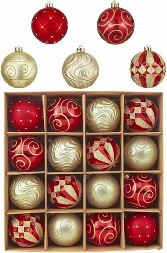 Valery Madelyn 16 Karat 80 mm Luxus Rot und Gold Weihnachtskugeln Ornamente, bruchsichere Weihnachtskugeln für Weihnachtsbaumdekoration, thematisch mit Baumrock (nicht im Lieferumfang enthalten)