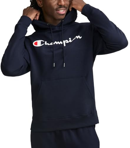 Champion Felpa con Cappuccio da Uomo, Powerblend, Pullover in Pile, Comoda Felpa Grafica da Uomo, Script della Marina, Small
