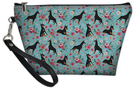 Coloranimal Cute Animal Doberman Flower Printed Womens PU Leather Trapezoid Cosmetic Bag