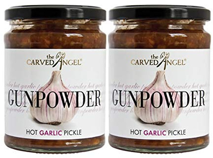 The Carved Angel - Gunpowder Hot Garlic Pickle - Add Flavour to any Meat or Vegetable Dish, Perfect for Stir Fry, Filling for Baked Potatoes, Roasting Chicken - 325g Twin Pack