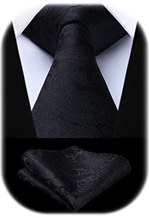 HISDERN Herren Hochzeit Krawatten und Einstecktuch Paisley Krawatten Set Einfarbige in verschiedenen Farben (Schwarz-4)