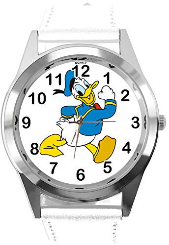 TAPORT® Armbanduhr Analog Quarz mit Echtlederband weiß rund für Fan von Donald Duck