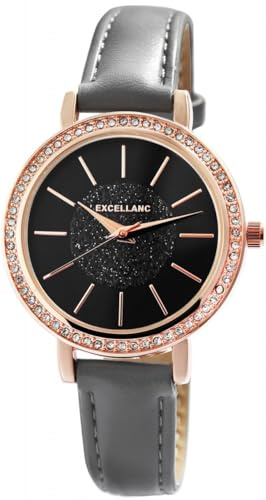 Excellanc Damen-Uhr Lederimitat Strass-Steine Dornschließe Analog Quarz 1900236 (grau/anthrazit)