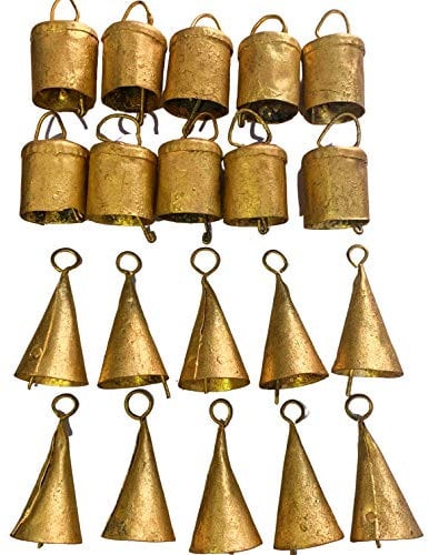 DIYANA IMPEX Vintage Indian Tin Bells Rustic Cow Bells Christmas Tree Decorations Pack of 20 (Gold)