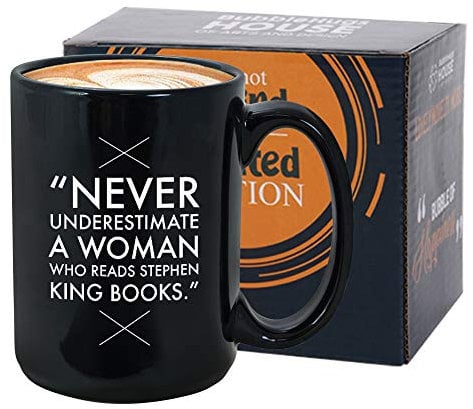 Readers Mug 15 oz Black, Never Underestimate A Woman Who Reads Bookworm Quote