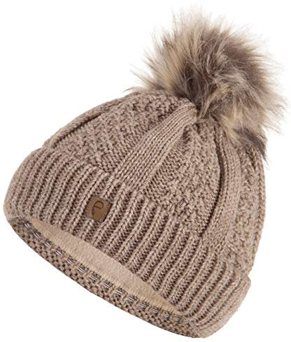 Faera Wintermütze Mütze Damen warm gefüttert Kunstfell Bommelmütze Zopf-Strickmuster Fleecefutter Bommel Winter Herbst Strickmütze Beanie Mädchen 61, Farbe:Beige