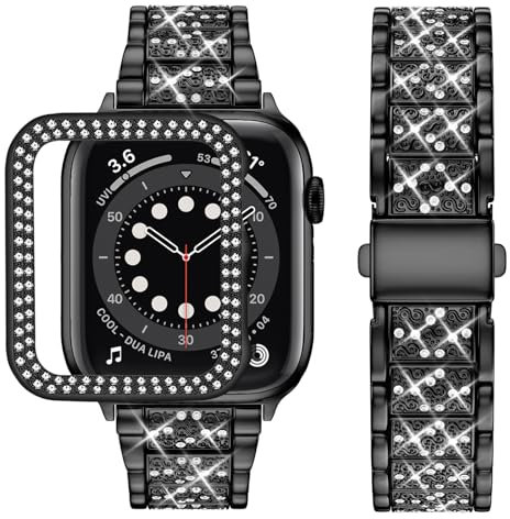 wutwuk Kompatibel mit Apple Watch Armband 44mm Damen, Strass Metall Armbänder mit Glitzer Harter PC Gehäuse Bling Diamant Ersatzarmband für iWatch Series SE2 SE 6 5 4 44mm, Schwarz
