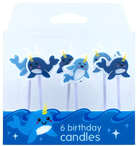 Baked With Love Narwhal Birthday Cake Candles, Narwhal Cake Decorations - Pack of 6 Candles, 70 mm