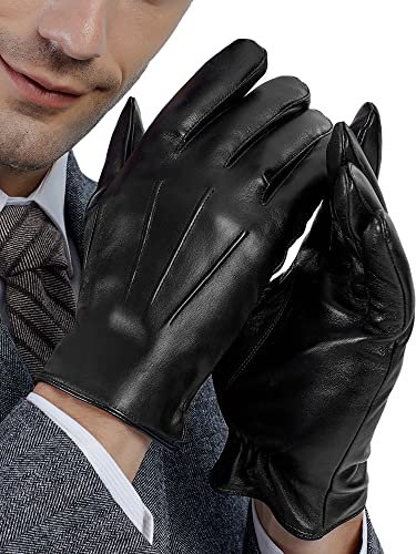 GSG SINCE 1998 Echtem Schaffell Lederhandschuhe Herren mit Futter Touchscreen Wolle Gefüttert Winter Handschuhe Schwarz L