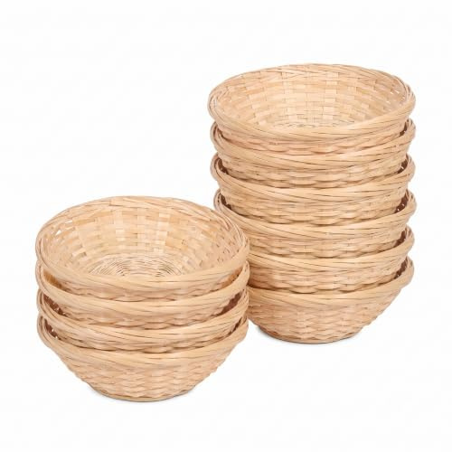 Wickerfield 10PCS/20PCS Round Natural Bamboo Bread Basket Storage Gift Hamper Trays (10, 7 inch)