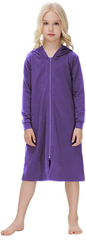 Alunsito Kinder Jungen Mädchen Robe mit Reißverschluss langärmelig Loungewear leichter Hausmantel knielang Kapuzen-Nachthemd mit Taschen 130 Lila 7–8 Jahre