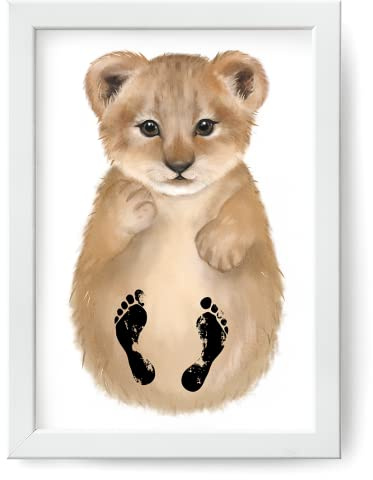 Freusel Löwe | Fußabdruck-Set für Babys | Enthält hochwertigen A4-Druck, Stempel und Bilderrahmen