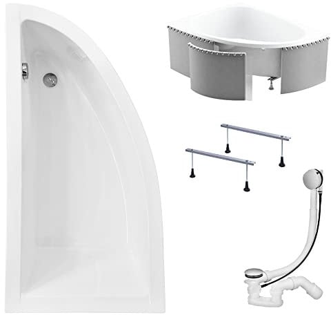 KOLMAN Badewanne PRAKTIKA Eckbadewanne 150x70 Links mit Styroporverkleidung, Ablaufgarnitur und Füßen Komplettset 4in1 Premium Original Acryl Wanne Siphon