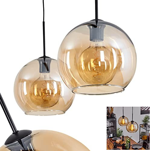 Hängeleuchte Koyoto, Hängelampe aus Metall/Glas in Schwarz/Bernsteinfarben, Leuchte 2-flammig im Vintage/Retro Design mit Schirmen aus Glas (Ø 25 cm), Höhe max. 146,5 cm, 2 x E27, ohne Leuchtmittel