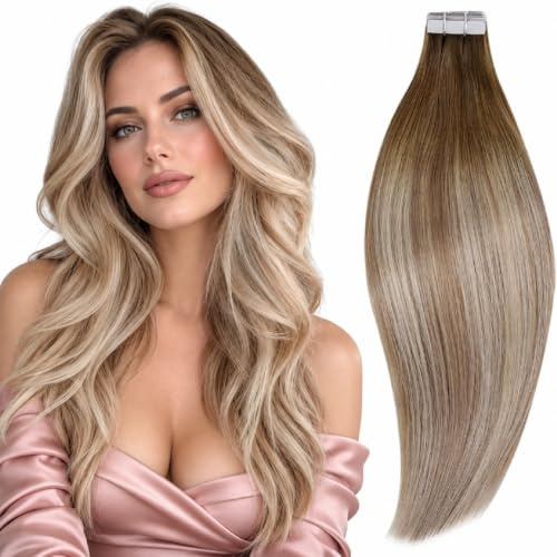 RUNATURE Echthaar Extensions Tape Balayage Braun Blond 60cm 20pcs 50g #3/8/22 unsichtbar