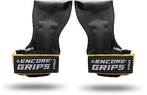 Encore Grips® Zughilfen für Krafttraining Fitness Bodybuilding Gewichteheben Kraftsport Lifting, mit Handgelenk Handbandage Gewichte Training Handschuhe Griffe Gym Equipment (Gelb, M)