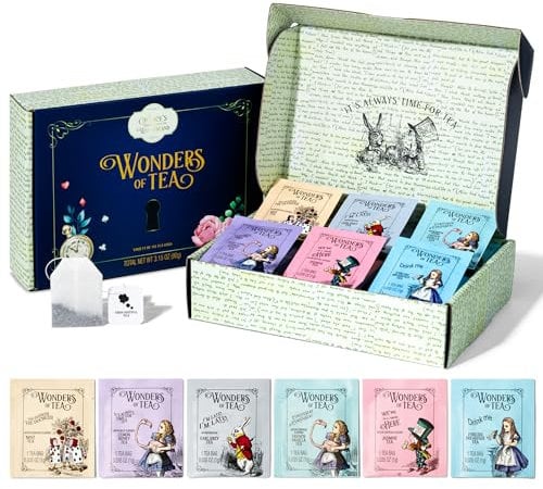 Alice’s Adventures in Wonderland, Wonder of Tea Gift Set, Tea Sampler includes 6 Flavours of Tea with Book Quotes and Illustrations, Set of 90