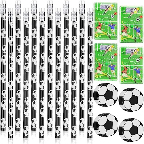 12 Pièces Crayons de Football,12 Pièces Gommes de Football,12 Pièces Jeux de Flipper Football,Gomme Rigolote de Ballon de Foot Gomme à Crayon,Sacs de Fête pour Fournitures de Papeterie Scolaires