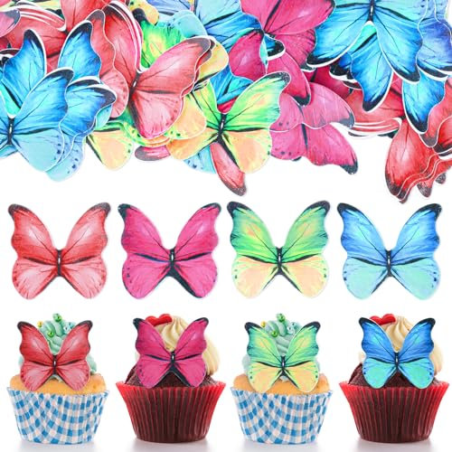 GoldRock 48 Stück Schmetterlinge Deko Torte,Essbare Schmetterlinge für Torte,Bunt Essbare Tortendeko Schmetterling,Esspapier Tortendeko Hochzeit,Schmetterling Kuchen Deko Geburtstag,Muffin Deko Essbar