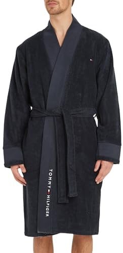 Tommy Hilfiger TH Frottee-Bademantel mit Schalkragen und gesticktem Logo aus reiner Baumwolle, Artikel UM0UM02991, DW5 Desert sky, S