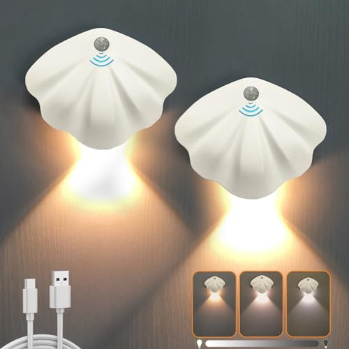 Amzxiubii 2er Set Bewegungsmelder Innen Akku Wandleuchte: (Ohne Bohren & Ohne Stromanschluss), Kabellose LED Wandlampe mit Schalter Dimmbar & 3 Modi, USB-Aufladbar Magnetische Lampe Weiß, 3W, 1200mAh