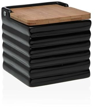 Versa Salero con Tapa Rayas Negro Cerámica Bambú Dolomita 11 x 11 x 11 cm - Marca EAN: 8420327541499