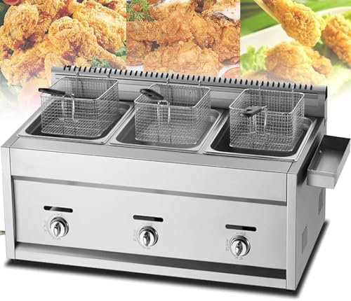 PixCy Friteuse Professionnelle,Machine Frites à Gaz,Friteuse Double Bac,Friteuse INOX,Cuve Amovible,pour Bâtonnets Pâte Frits/Huile,Friteuse Restaurant,3tank