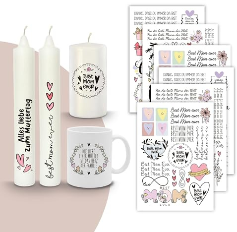 MilaBoo® Kerzentattoos 6x A5 I DIY Aufkleber für besondere Anlässe einfache Anwendung I Wasserschiebefolie für Kerzen I Premium Kerzenaufkleber (Muttertag-A5)