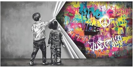 Straßen-Graffiti-Kunst hinter dem Vorhang, Leinwandgemälde, Junge und Mädchen finden Liebe, Banksy-Wandkunst, Poster und Drucke für Heimdekoration, 80 x 160 cm, rahmenlos