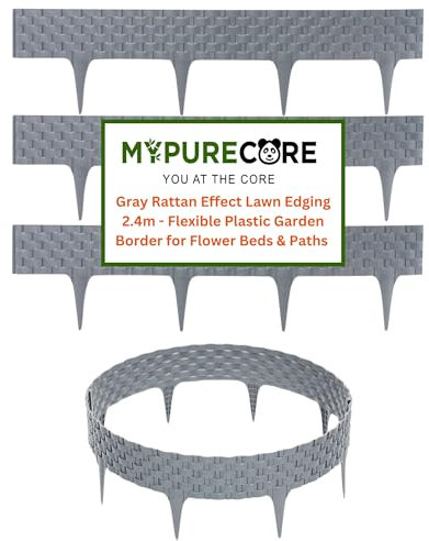 MYPURECORE Grey Rattan Effect Lawn Edging 2.4m - Flexible Plastic Garden Border for Flower Beds & Paths | Weather-Resistant & Recyclable Palisade | Easy Install Edging for Grass, Gravel & Landscape
