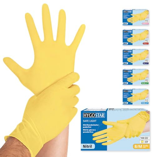 FRANZ MENSCH Hygostar Nitrilhandschuhe Safe Light | puderfrei, gelb, 8/M, 24cm, 100 Stück, Einweghandschuhe, Einmalhandschuhe, in Gr. XS, S, M, L, XL & XXL verfügbar