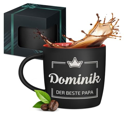 Maverton schwarzer Keramik Kaffeebecher 400ml mit Gravur, Kaffeetasse | Kaffeebecher aus Matt Keramik mit Henkel, Trinkbecher Männer zum Geburtstag zu Weihnachten, matt schwarz, Innen rot, Krone