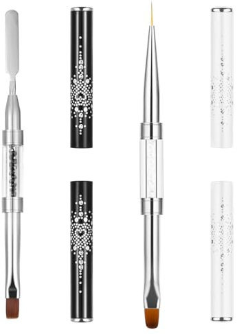 2 Pcs Nail Art Brushes Set Acrylic Nail Brush Kit Dual-Ended Nail Art Tools with Rhinestone Handle French Tip Nail Gel Liner Brush Professional Manicure Brushes for Design Nails