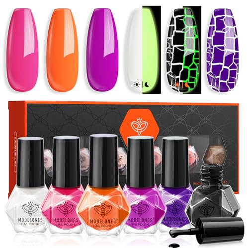 modelones Nagellack 6 PCS, Nagellack Schnelltrocknend Halloween Grün Orange Rosa Lila Weiß Schwar, Nagellack Ungiftig Auf Wasserbasis, Langanhaltender Nagellack für DIY Salon Geschenk