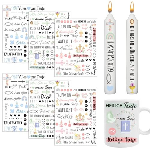 Yomover Taufe Kerzentattoos Rub on Sticker - 6Pcs Kerzen Tattoos Kommunion für Taufe, Rub on Folie, Sprüche Aufkleber, Kerzenfolie, Kerzenaufkleber für Raysin Keraflott Möbel Glas Holz Taufe Deko