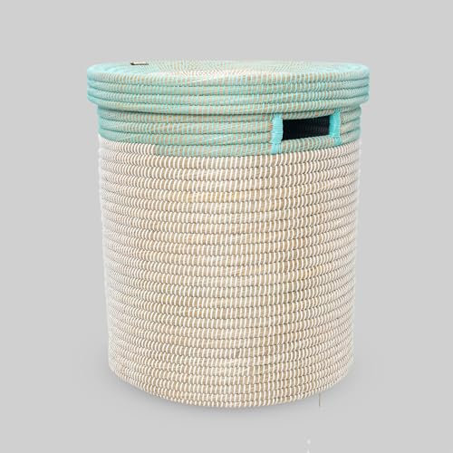 Handcrafted Natural Straw Laundry Basket with Flat Lid, 3 Sizes (Teal, XLarge)