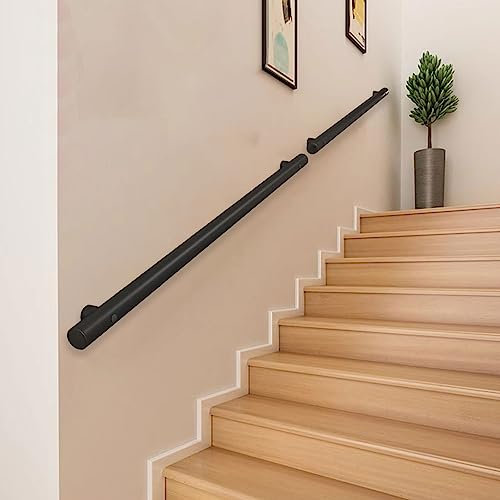 Treppengeländer-Set aus schwarzem Metall, Edelstahl, 2 m, runde Wandhalterung, Geländer für Innentreppen