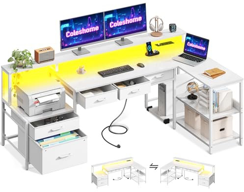 Coleshome Scrivania Angolare con Cassetti, Scrivania Gaming con Presa di Corrente e LED, Scrivania ad Angolo Reversibile con Supporto per Monitor per Ufficio a Casa, 175x100cm, Weiß
