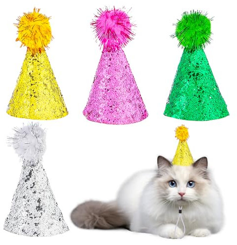 Grevosea Mini-Partyhüte für Katzen und Hunde, weiß, rosa, grün, gelb, Kunstleder, sichere Passform, Geburtstag, 4 Stück