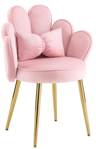 Bonnlo Schminktisch Stuhl mit Blütenblatt-Rückenlehne, Sessel Wohnzimmer, Schreibtischstuhl, Moderner Esszimmerstuhl mit verstellbaren Goldbeinen & Schleifenkissen für Schlafzimmer, Homeoffice (Rosa)